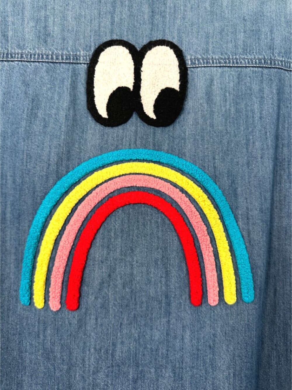 Lazy Oaf Sad Rainbow Shirt Oversized Blue Denim Eye Embroidery Whimsical SM - Picture 4 of 9